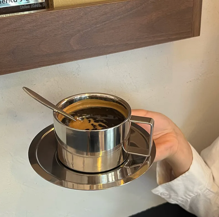 Stainless Steel Coffee Cup and Saucer